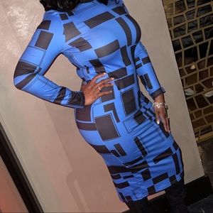 Blue & Black Mock Neck Bodycon Dress